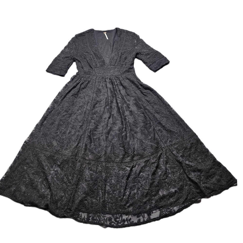 Free People Boho Maxi Dress Womens 2 Black Lined Floral Lace V-Neck Size Zip